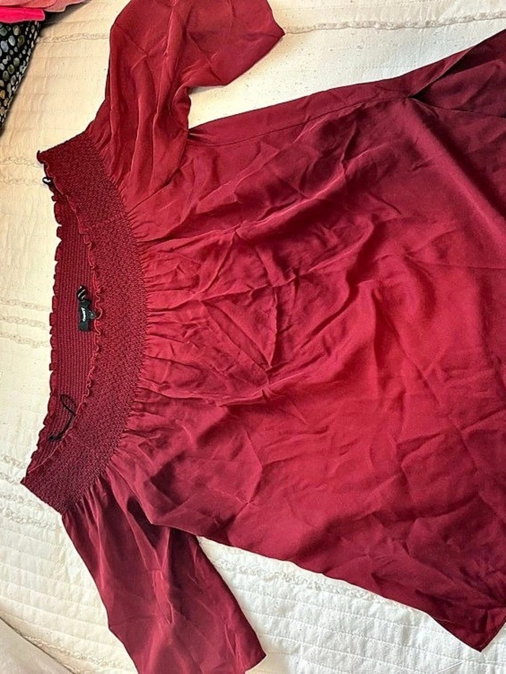 Theory Smocked Red off the shoulder 100% silk - Picture 2 of 8